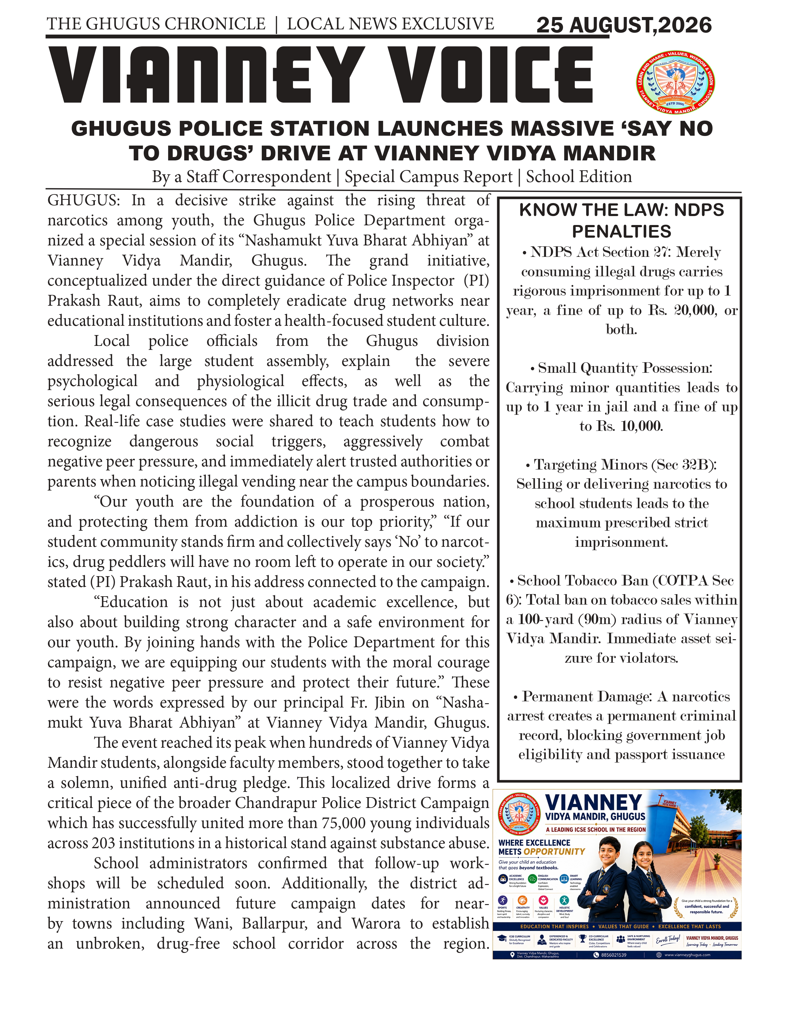 Top school in Chandrapur Vianney Vidya Mandir Ghugus Campus